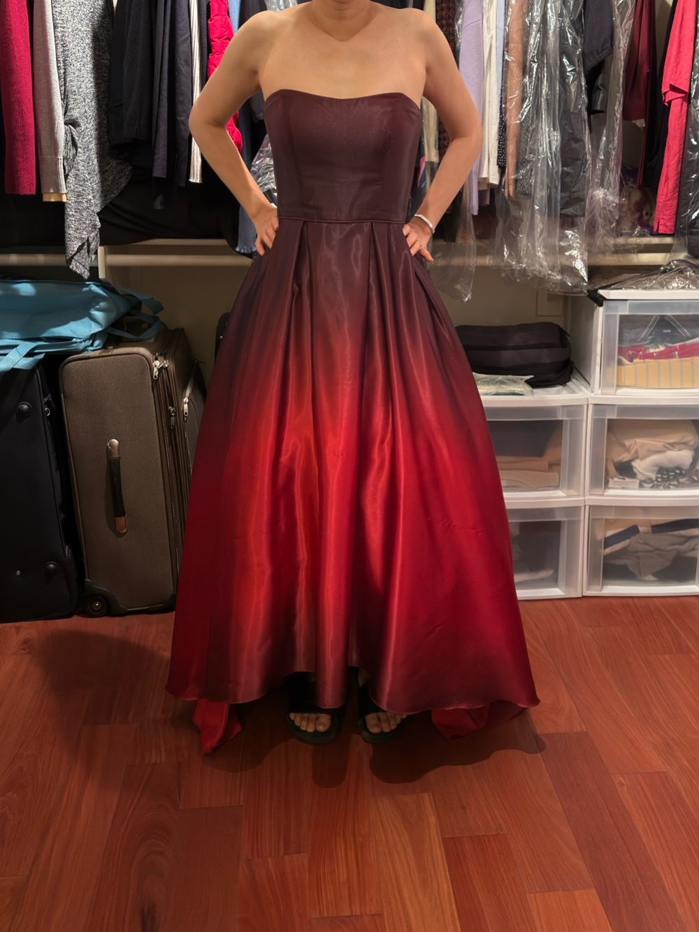 Strapless Red Ombre Ball Gown Dress